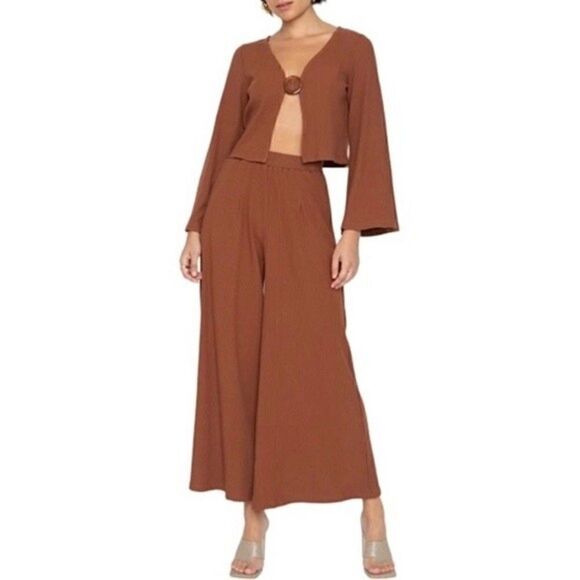 Anthropologie Callahan Open Front Ring Bell Sleeve Ribbed Vera Top Coco Mocha M - Picture 4 of 16